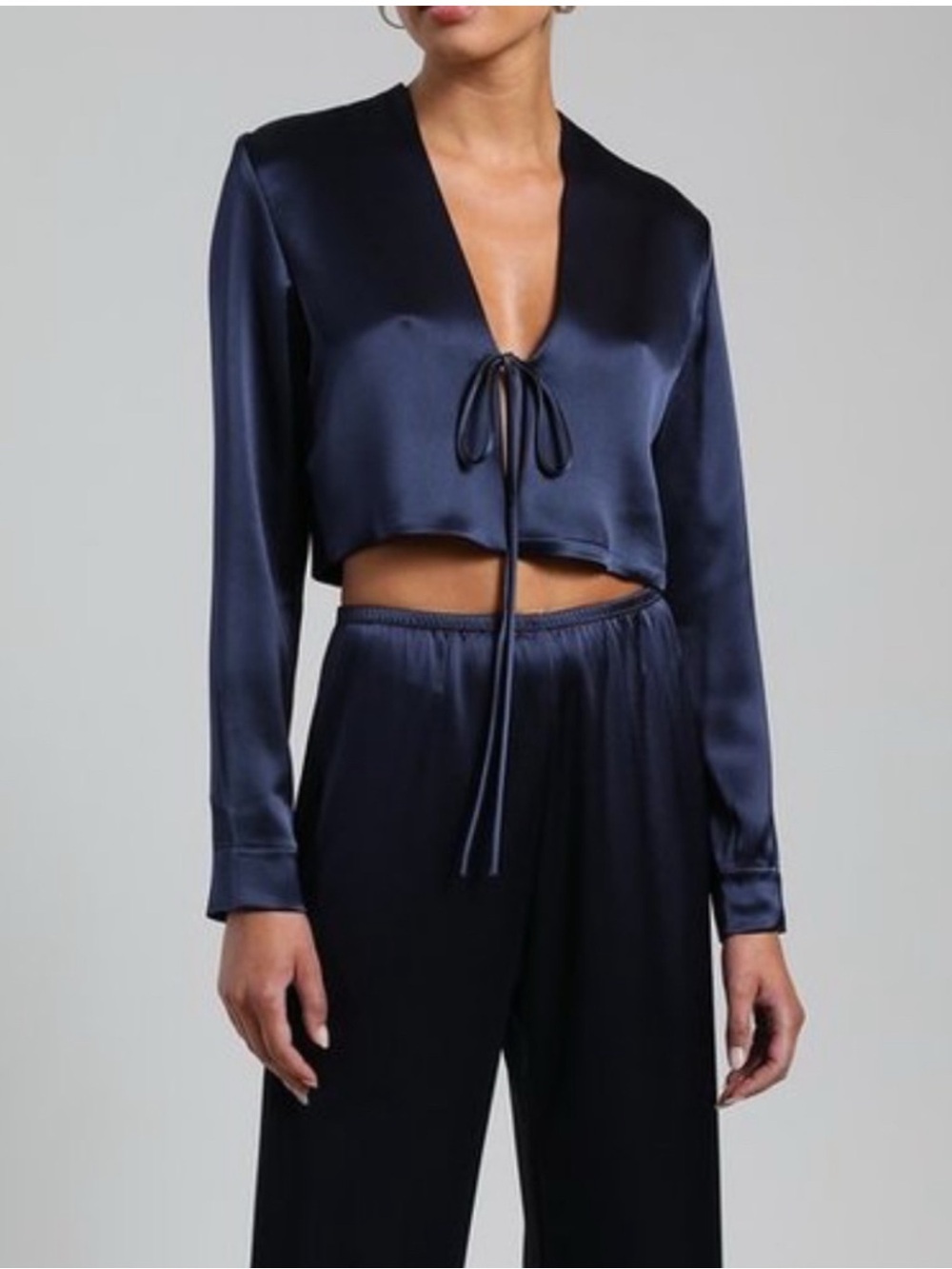 LESET Navy Crop Tie-Front Blouse